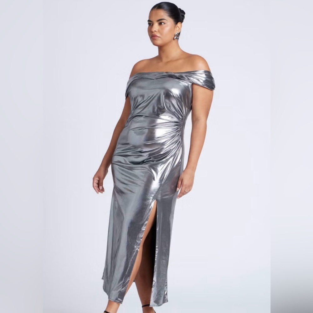 Eloquii Shimmering Silver Off-Shoulder Maxi Dress